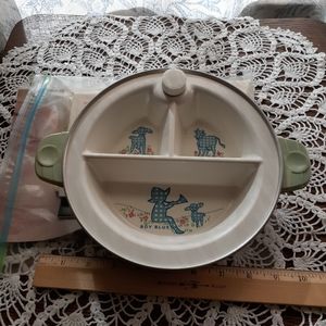 Lot of 1950s baby ephemera and Little Boy Blue warming bowl.